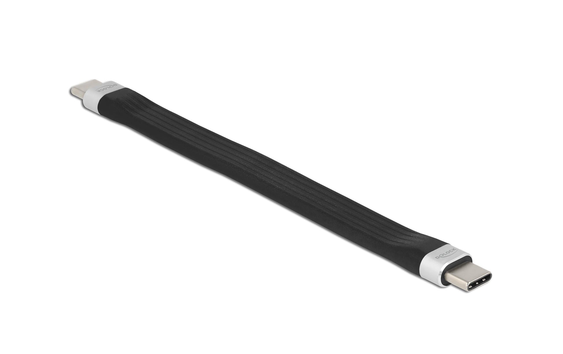 DeLOCK USB-C auf USB-C Kabel – USB 3.2 Gen 2 (10 Gbit/s) – 0,135 m – Flachbandkabel, E-Marker – Schwarz/Silber