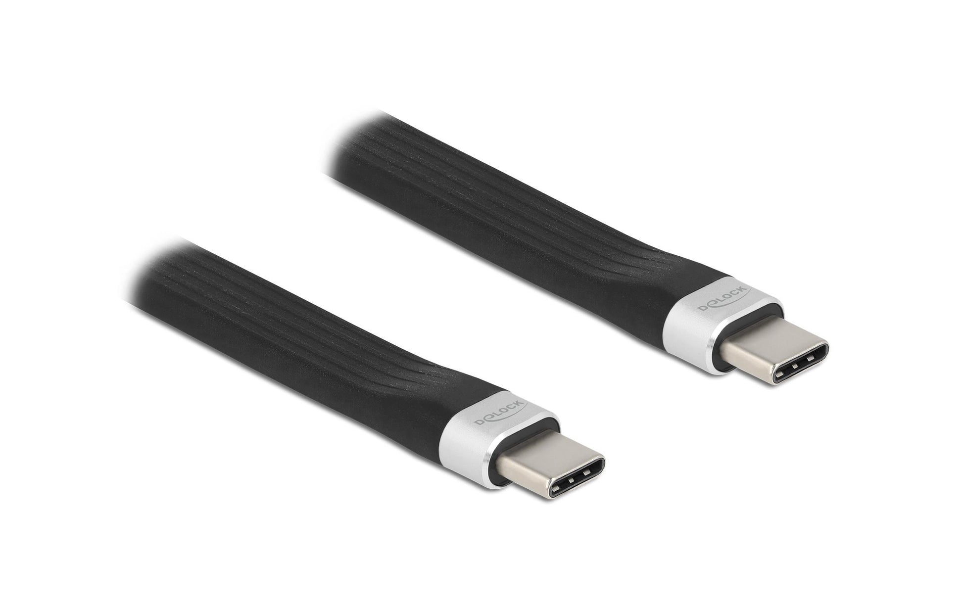 DeLOCK USB-C auf USB-C Kabel – USB 3.2 Gen 2 (10 Gbit/s) – 0,135 m – Flachbandkabel, E-Marker – Schwarz/Silber