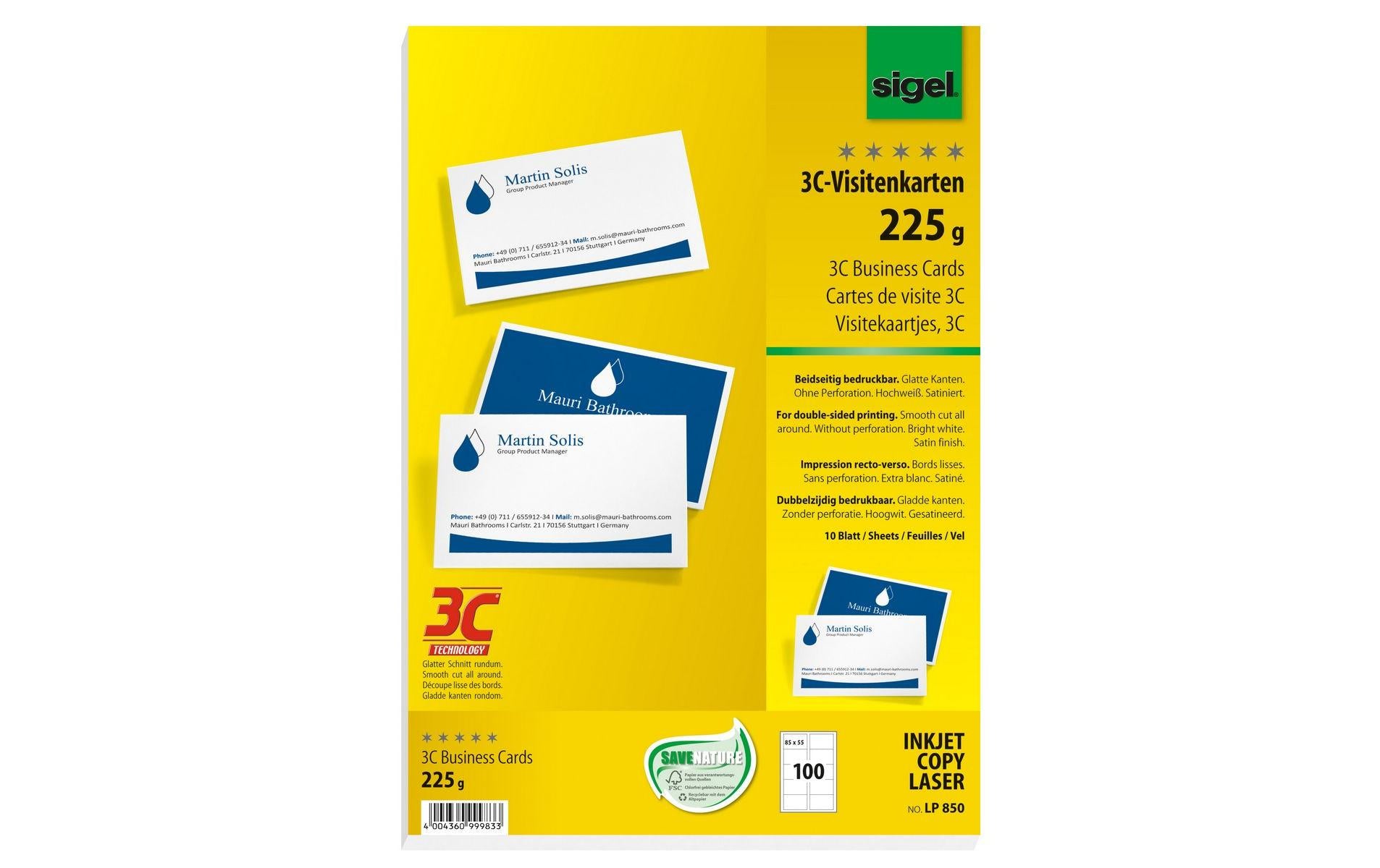 Sigel Visitenkarten, 85 × 55 mm – A4, 10 pro Blatt – 100 Karten – FSC-zertifiziert, beidseitig bedruckbar