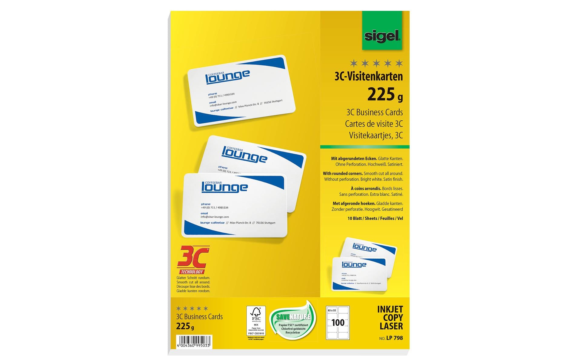 Sigel Visitenkarten, 85 × 55 mm, 190 g/m² – für Laser/Inkjet/Kopierer – A4, 10/Blatt – 100 Karten