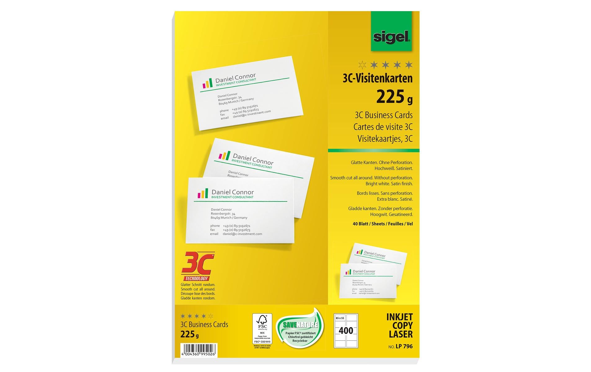 Sigel Visitenkarten, 85 × 55 mm – für Laser/Inkjet/Kopierer – A4, 10 pro Blatt – 400 Karten – FSC-zertifiziert