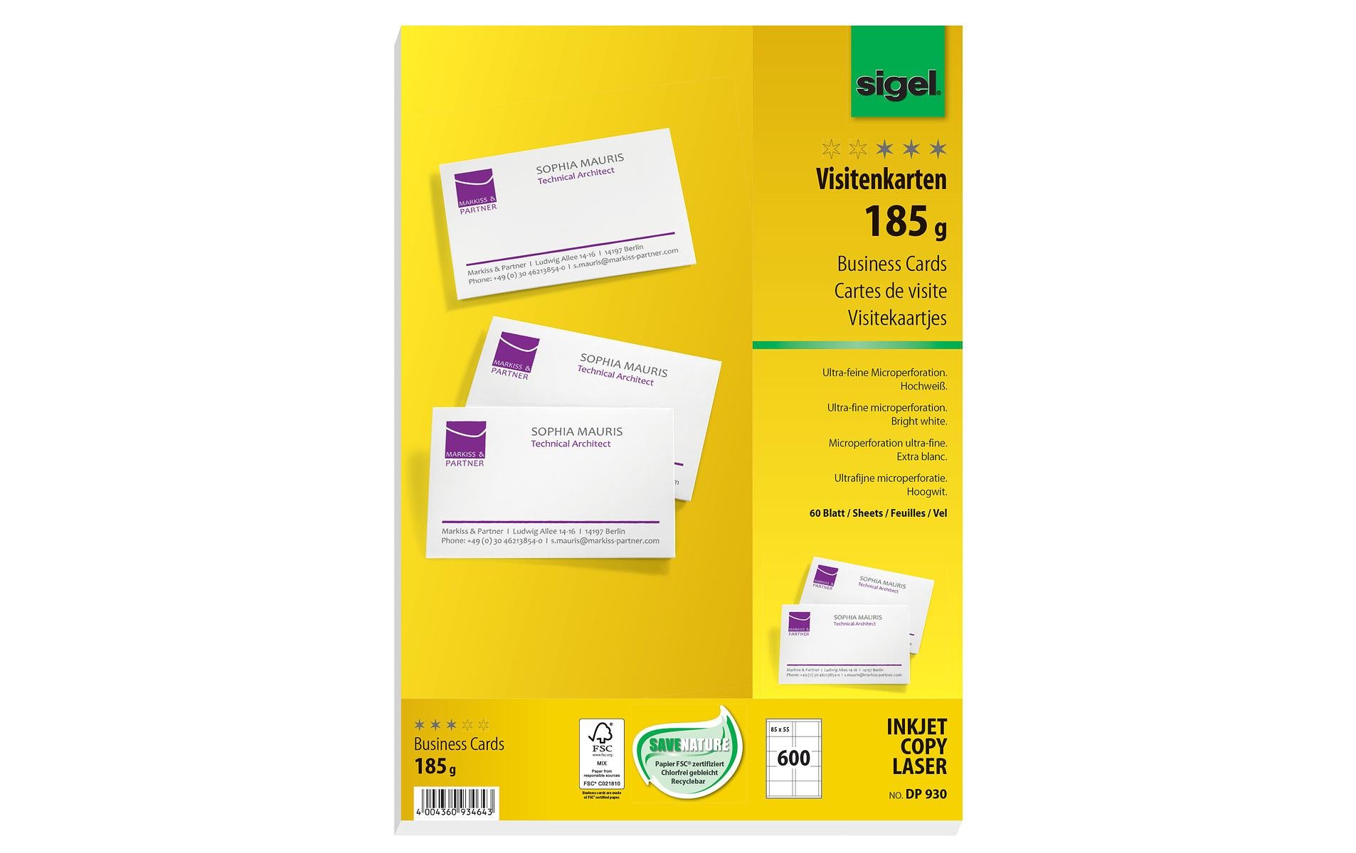 Sigel Visitenkarten, 85 × 55 mm – A4, 10 pro Blatt – 600 Karten – FSC-zertifiziert, beidseitig bedruckbar