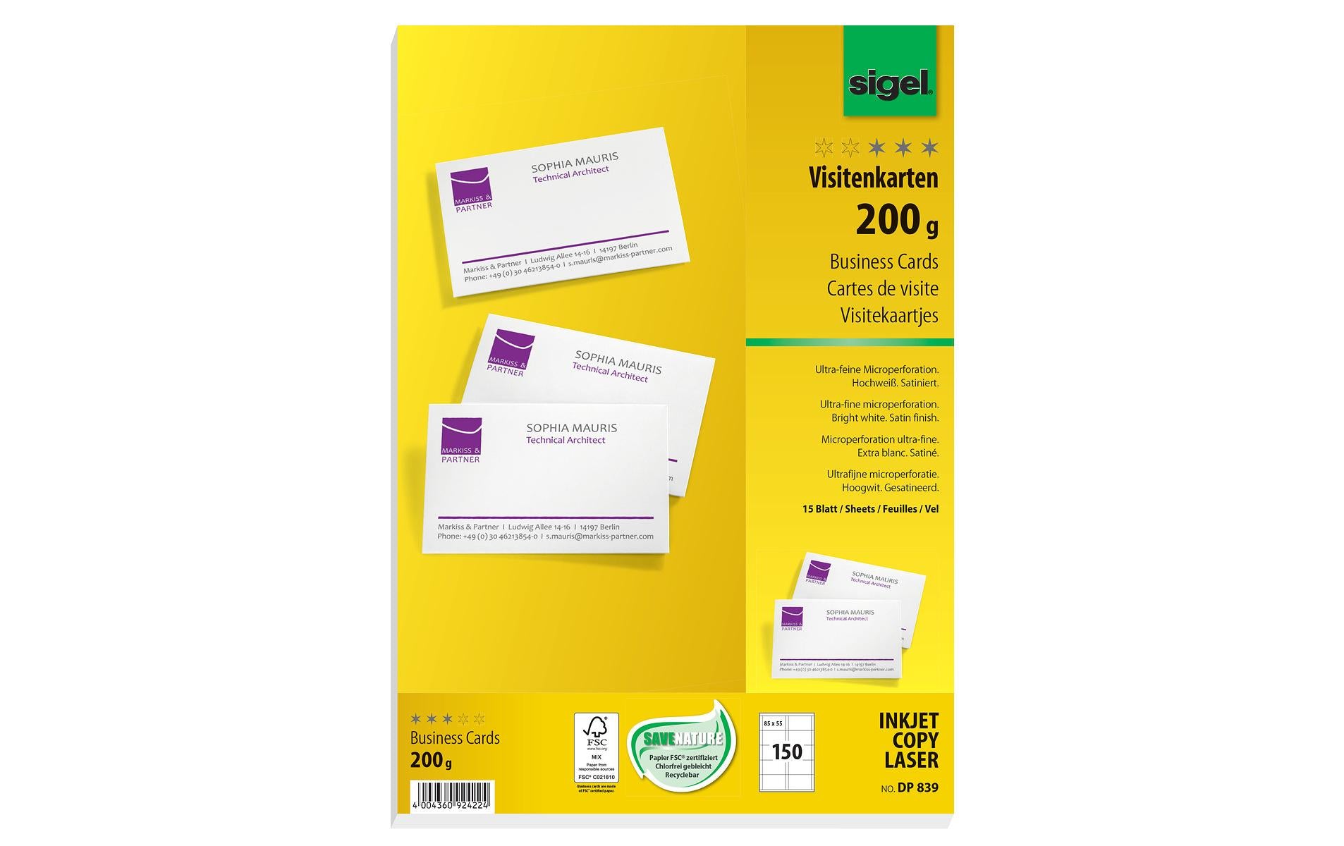 Sigel Visitenkarten, 85 × 55 mm – A4, 10 pro Blatt – 150 Karten – FSC-zertifiziert, beidseitig bedruckbar