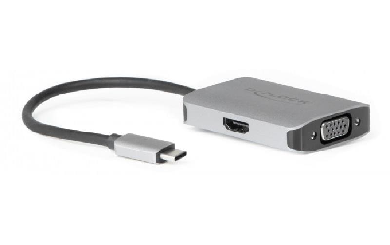 DeLOCK USB-C auf HDMI & VGA Adapter 4K 60 Hz – 0,2 m – Schwarz/Grau