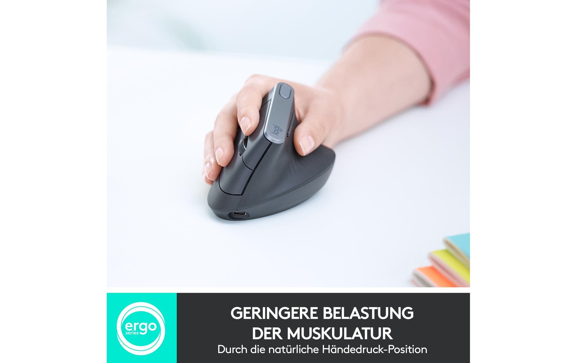 Logitech MX Vertical Ergonomische Maus – kabellos, USB-C, 4 Tasten, vertikal, Unifying-Empfänger, schwarz