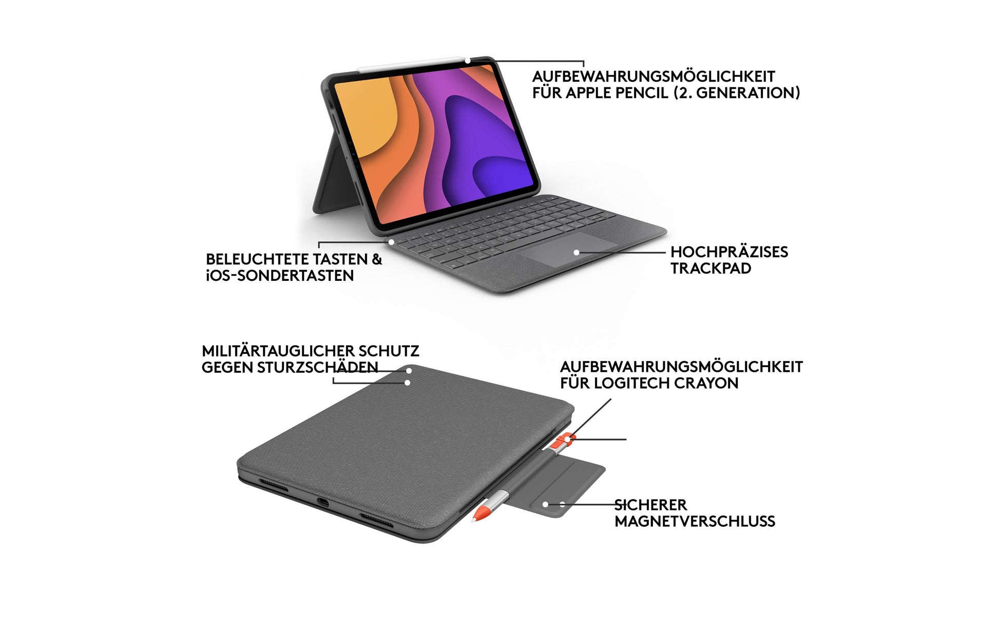Logitech Folio Touch – Tastatur, CH-Layout (DE-CH), mit Touchpad, Grau – für iPad Air (4. Generation)