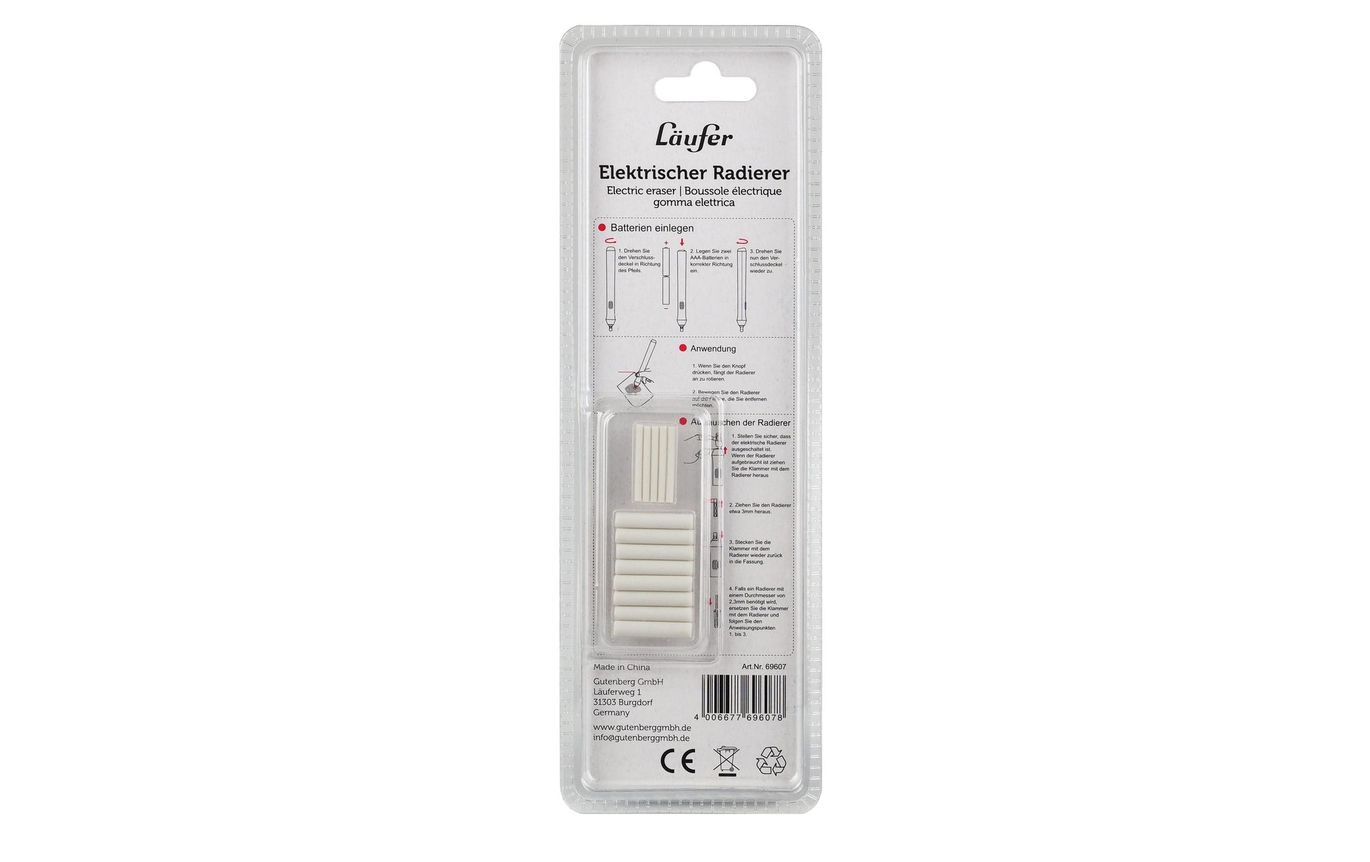Laufer Radierer – für Bleistifte, Farbstifte – 85 × 255 × 30 mm – Kunststoff – blau