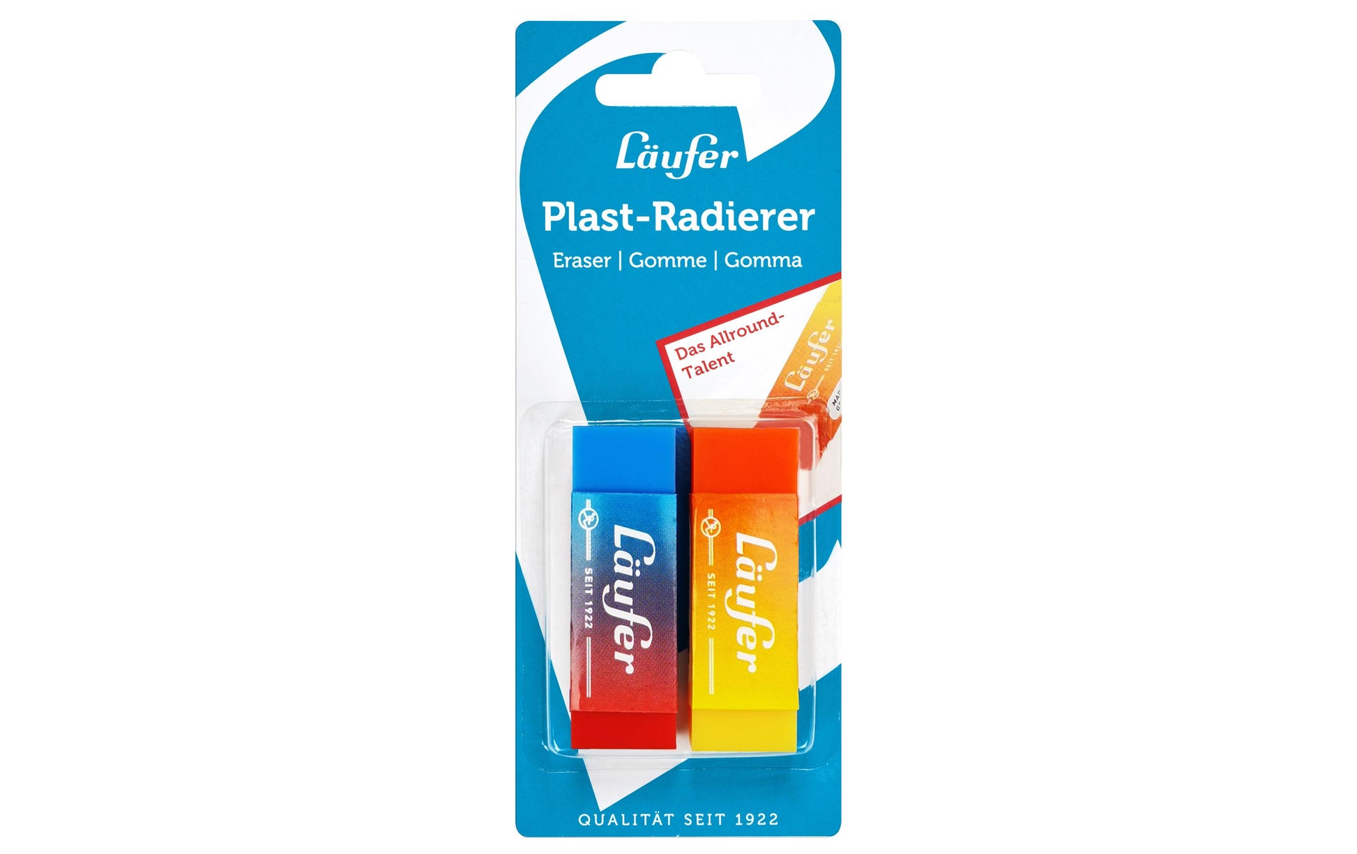 Laufer Radierer – für Bleistifte und Farbstifte – 65 × 12 × 21 mm – Kunststoff – sortiert – 2er-Pack