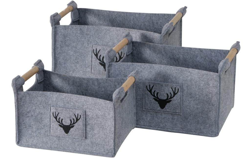 Boltze Karly Aufbewahrungsbox – Filz/Holz – Grau – 430 × 320 × 350 mm – 3-teiliges Set