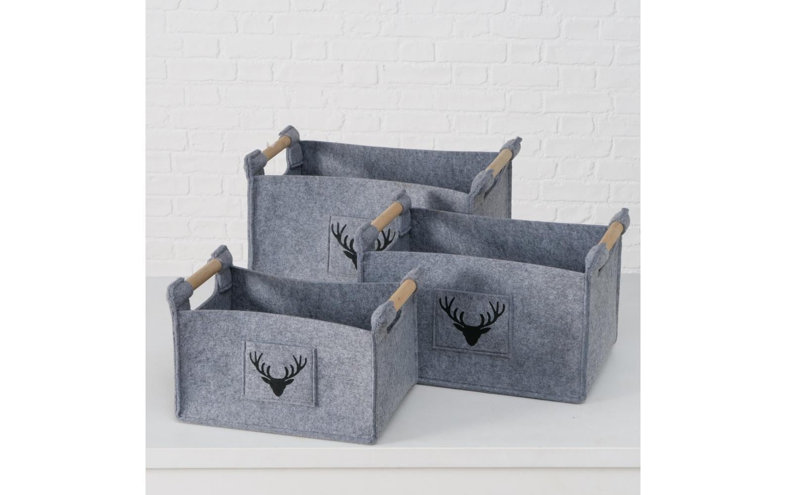 Boltze Karly Aufbewahrungsbox – Filz/Holz – Grau – 430 × 320 × 350 mm – 3-teiliges Set