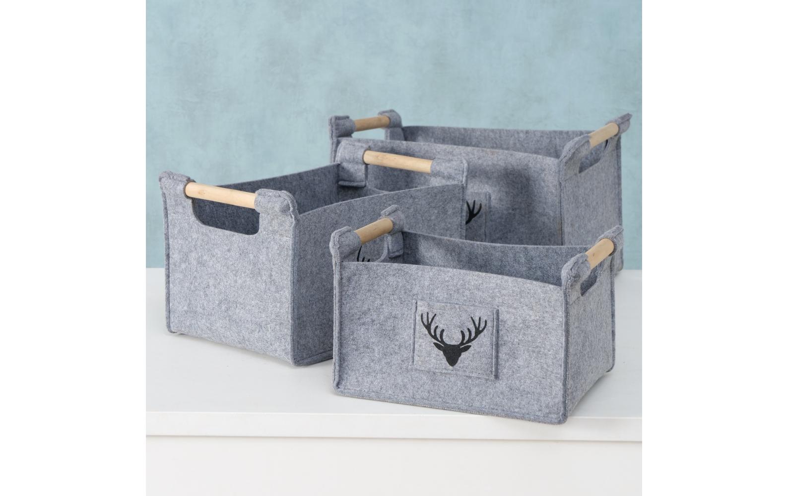 Boltze Karly Aufbewahrungsbox – Filz/Holz – Grau – 430 × 320 × 350 mm – 3-teiliges Set