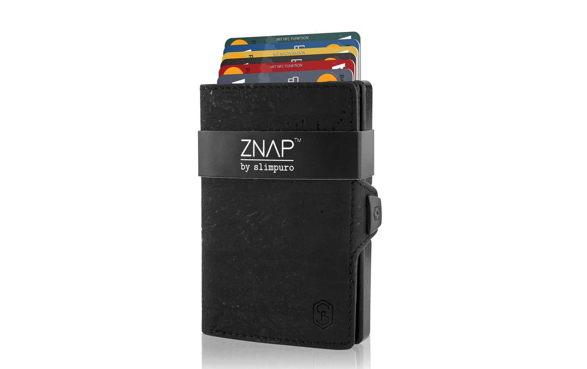 Slimpuro ZNAP Slim Wallet Kartenetui – RFID-Schutz, Münzfach – 8 Karten – Schwarz – Kork – 60 × 88 × 15 mm