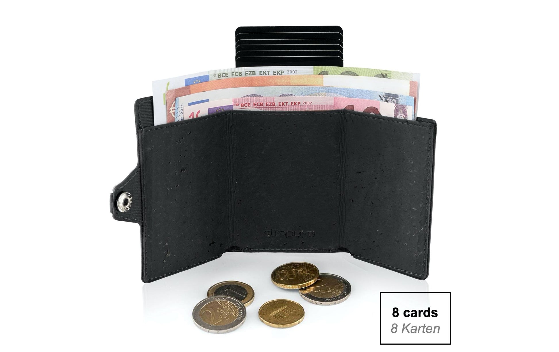 Slimpuro ZNAP Slim Wallet Kartenetui – RFID-Schutz, Münzfach – 8 Karten – Schwarz – Kork – 60 × 88 × 15 mm
