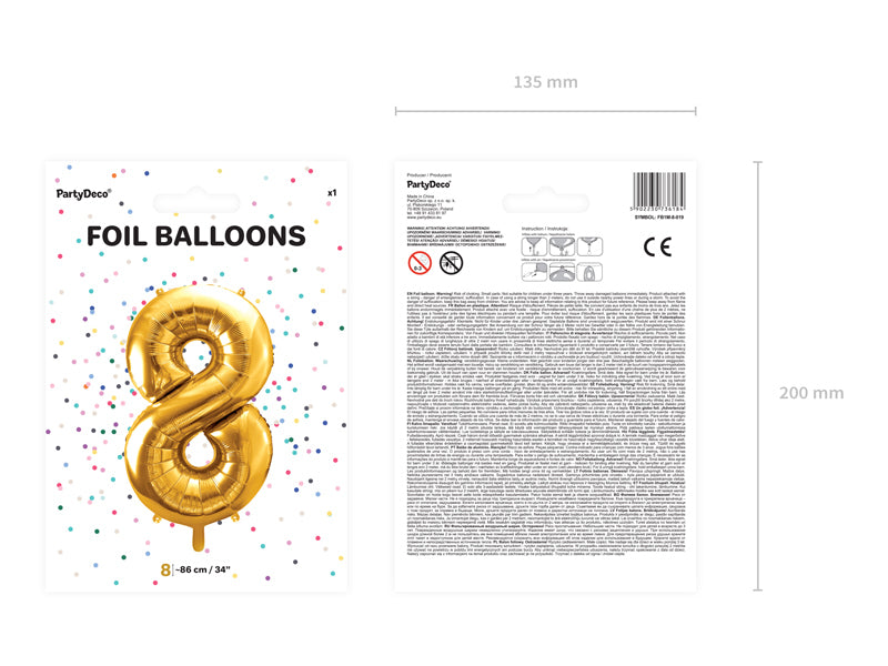 PartyDeco Folienballon Zahl 8 – Gold – 86 cm – 1 Stk