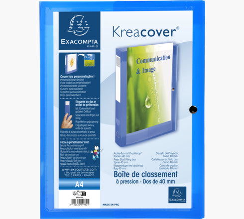 Exacompta Kreacover Archivschachtel – für A4, Rücken 40 mm, mit Sichttasche, Druckknopf, Griffloch, blau, PP