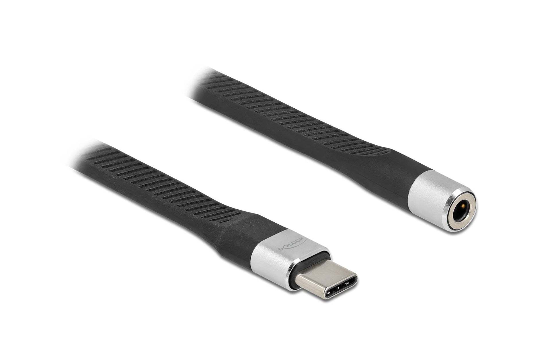 DeLOCK USB-C-auf-3,5-mm-Adapter – USB-C-Stecker zu 3,5-mm-Klinkenbuchse – 0,1 m, Flachbandkabel, Schwarz-Silber
