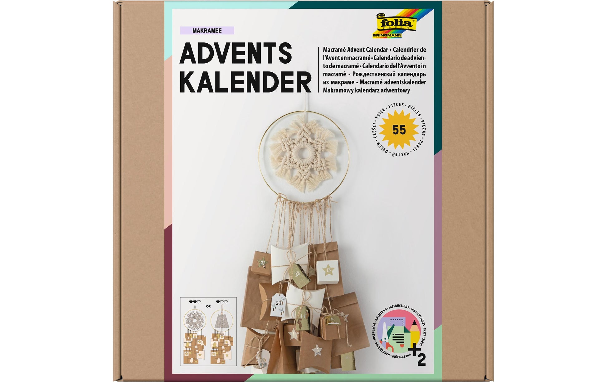 Folia Adventskalender-Set Makramee – 6 Kraftpapiertüten, Holzring, 15 m Jutekordel – 250 × 250 × 25 mm