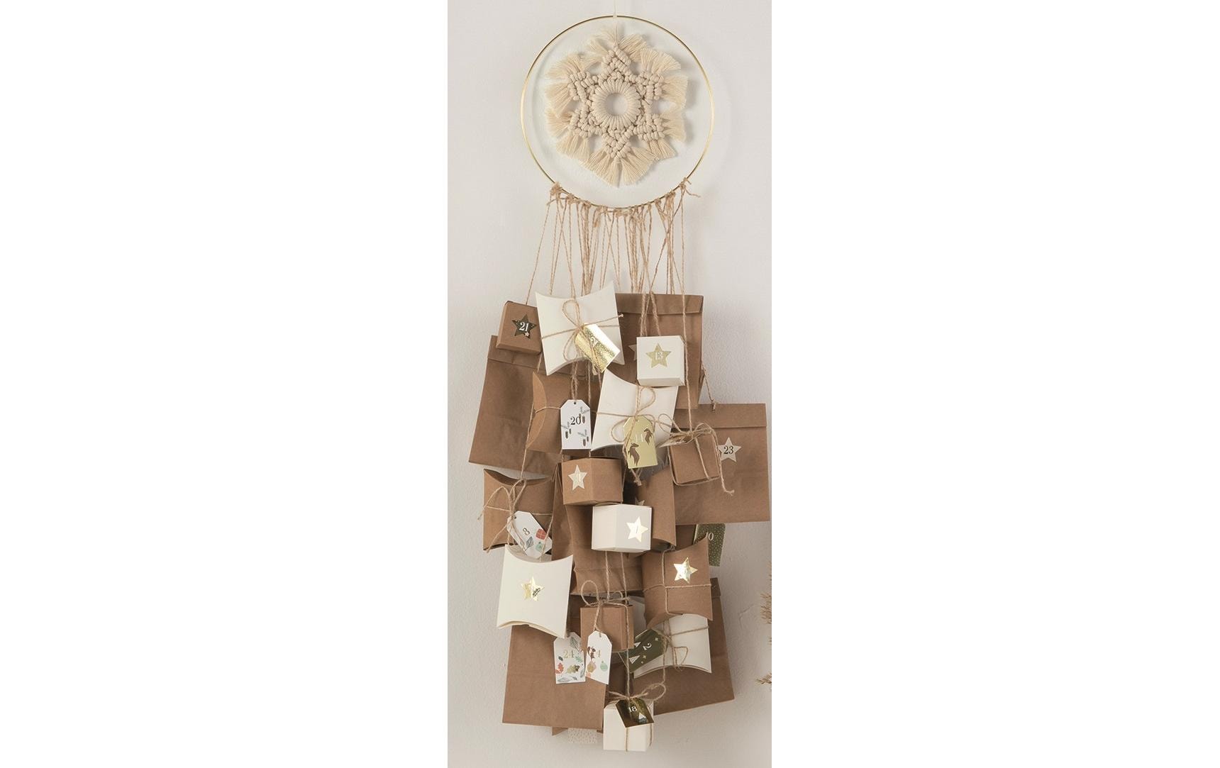 Folia Adventskalender-Set Makramee – 6 Kraftpapiertüten, Holzring, 15 m Jutekordel – 250 × 250 × 25 mm