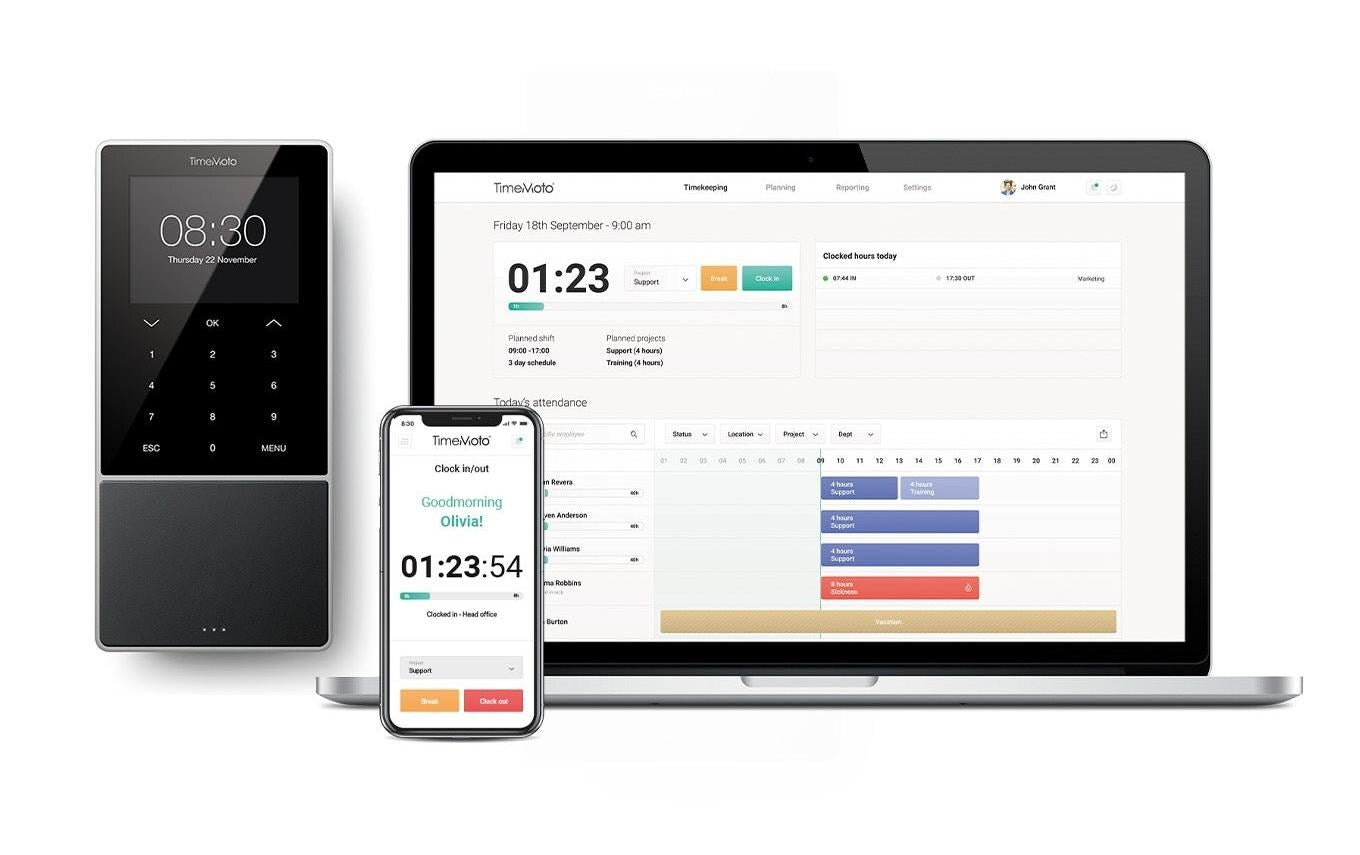 TimeMoto TM-818SC – Zeiterfassungsterminal – MIFARE/RFID, Wandmontage, App-kompatibel