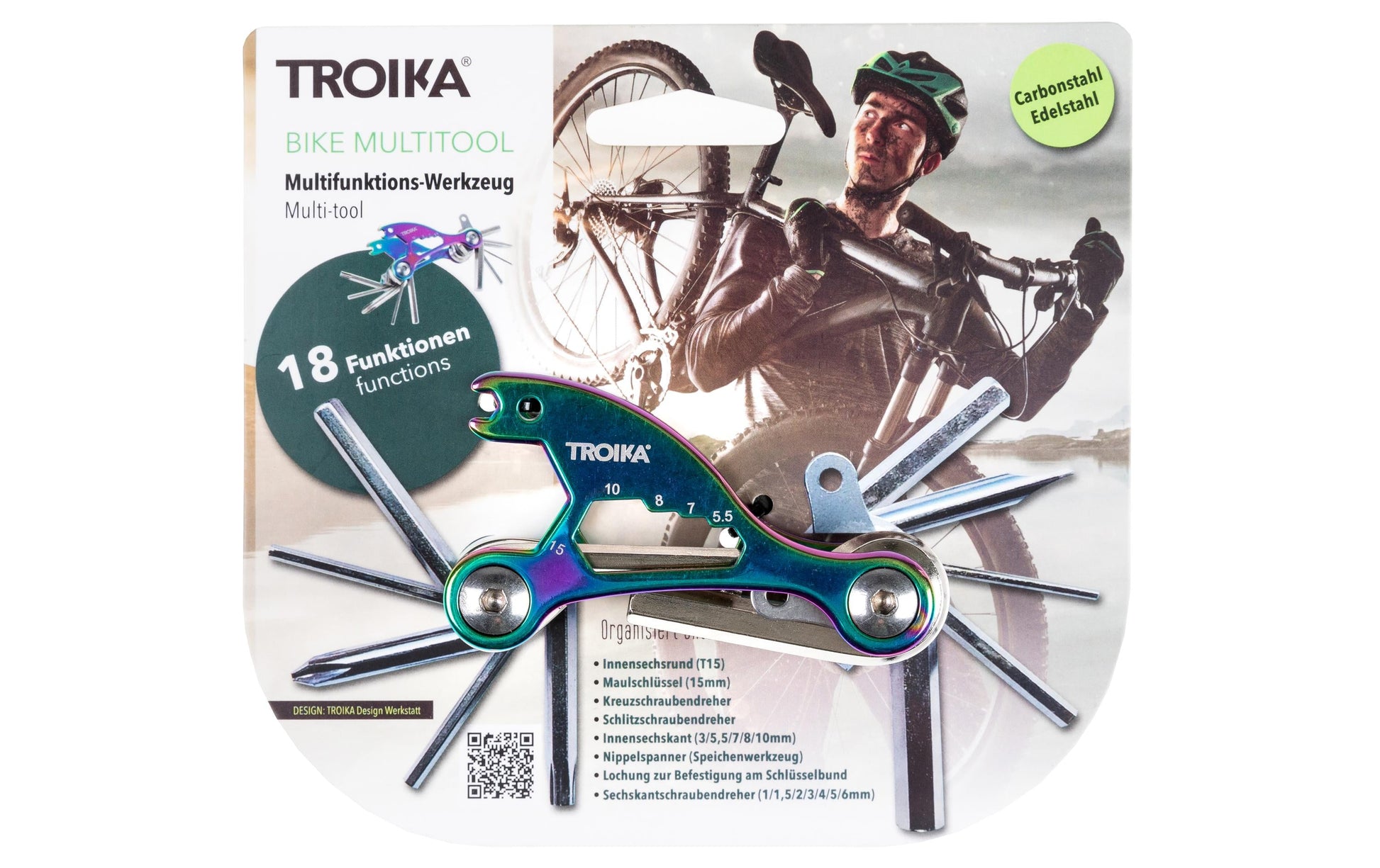 TROIKA Multitool-Schlüsselanhänger – 18 Funktionen, Karbonstahl/Edelstahl, Mehrfarbig