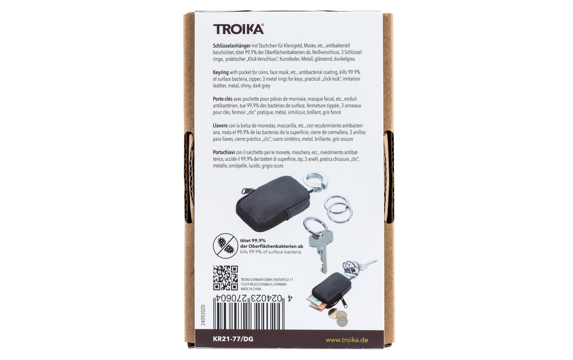 TROIKA Schlüsselanhänger Clean Click – mit Münzfach, Metall/Kunstleder, Schwarz/Silber, 125 × 55 × 20 mm
