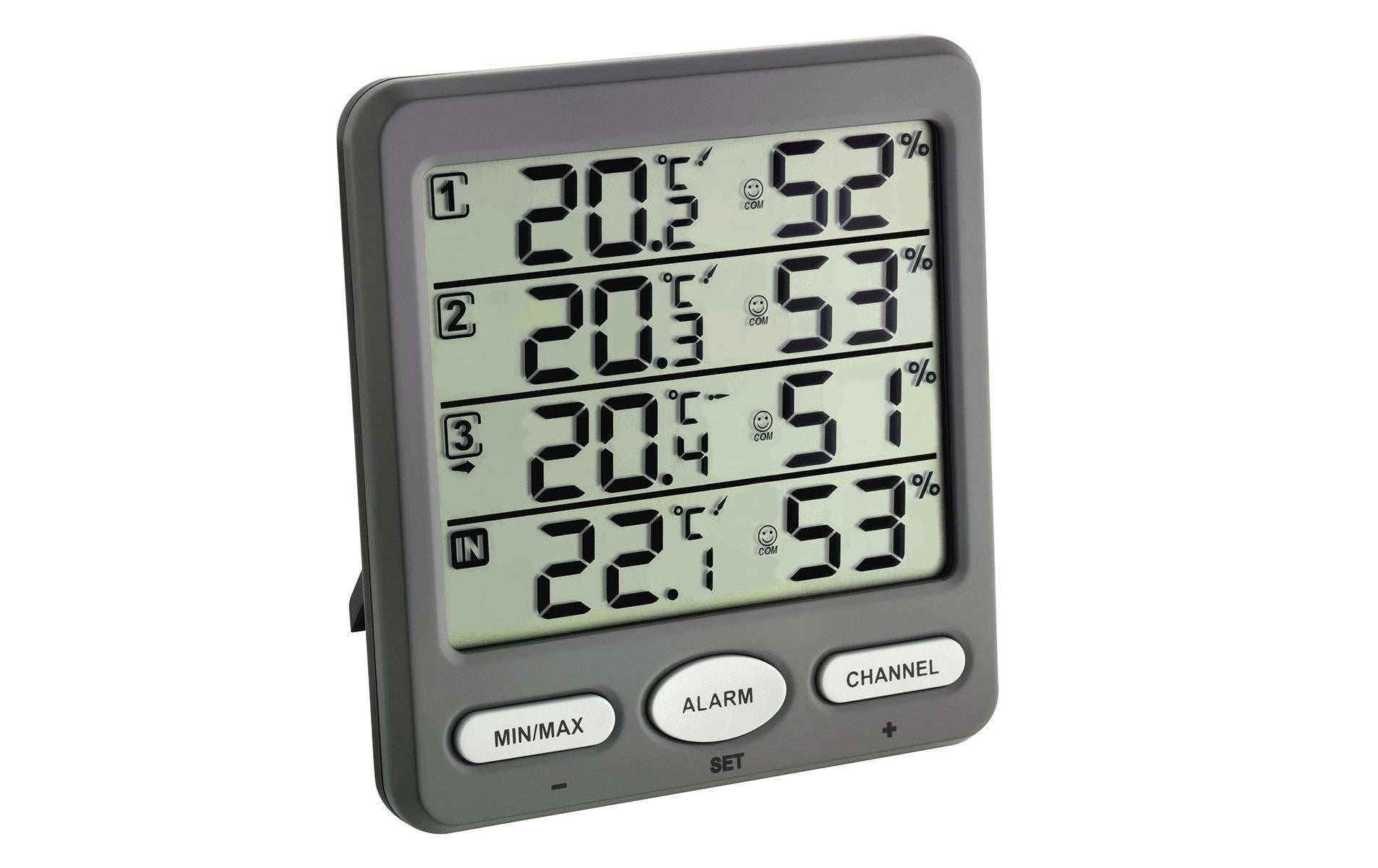 TFA-Dostmann Luftreiniger-Zubehör – Klima-Monitor (Funk-Thermo-Hygrometer), 3 Sender, Grau