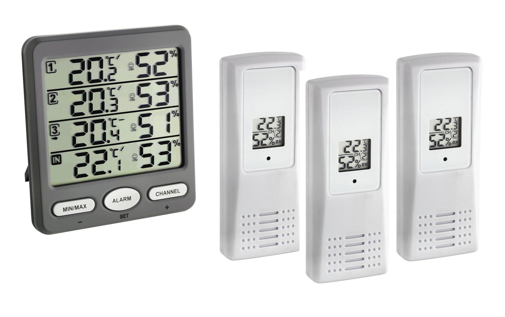 TFA-Dostmann Luftreiniger-Zubehör – Klima-Monitor (Funk-Thermo-Hygrometer), 3 Sender, Grau