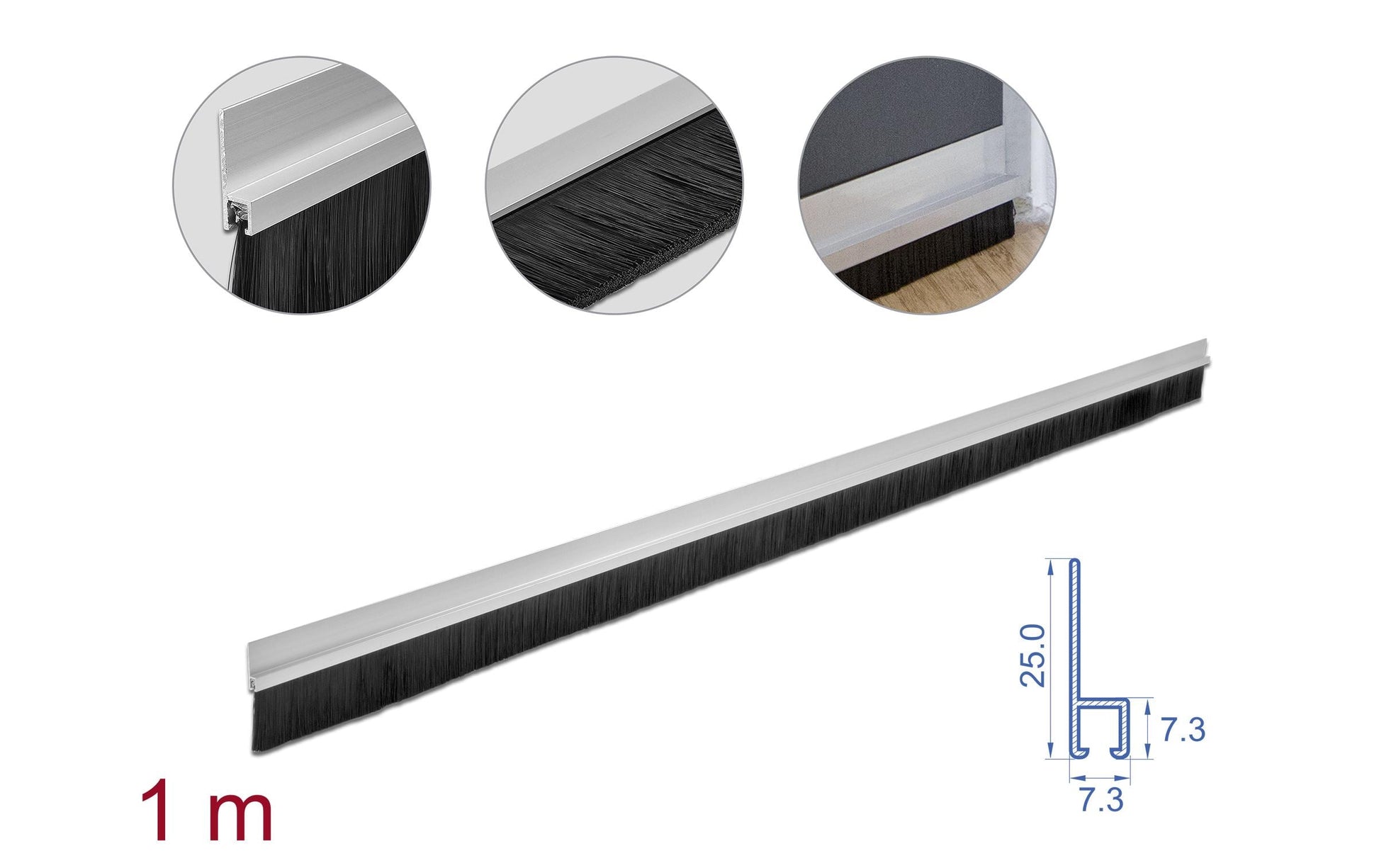 DeLOCK Bürstenstreifen Alu-Profil – 40 mm × 1 m, Aluminium, Kunststoff, Silber/Schwarz