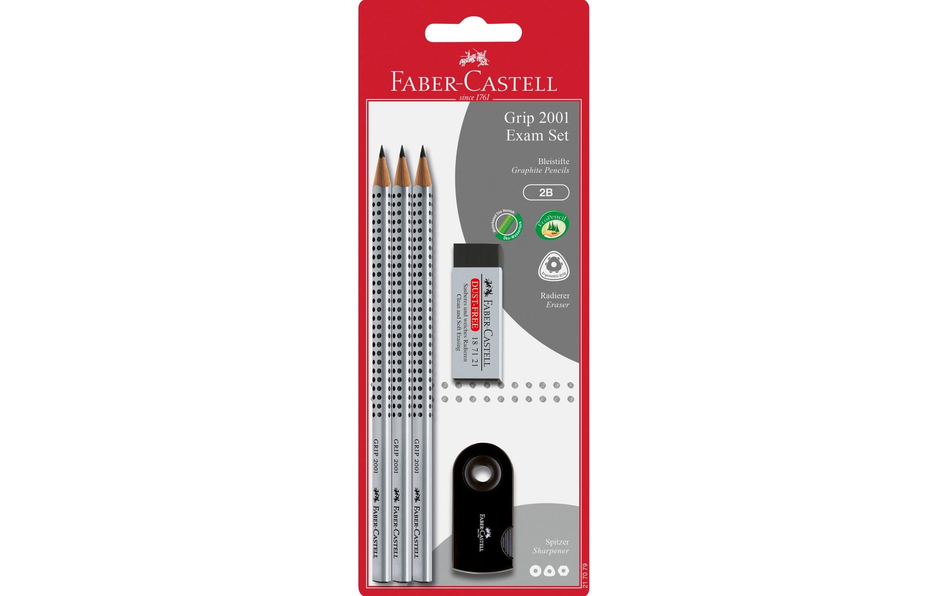 Faber-Castell Grip 2001 Schreibset 2B, dreieckig – mit Spitzer & Radierer