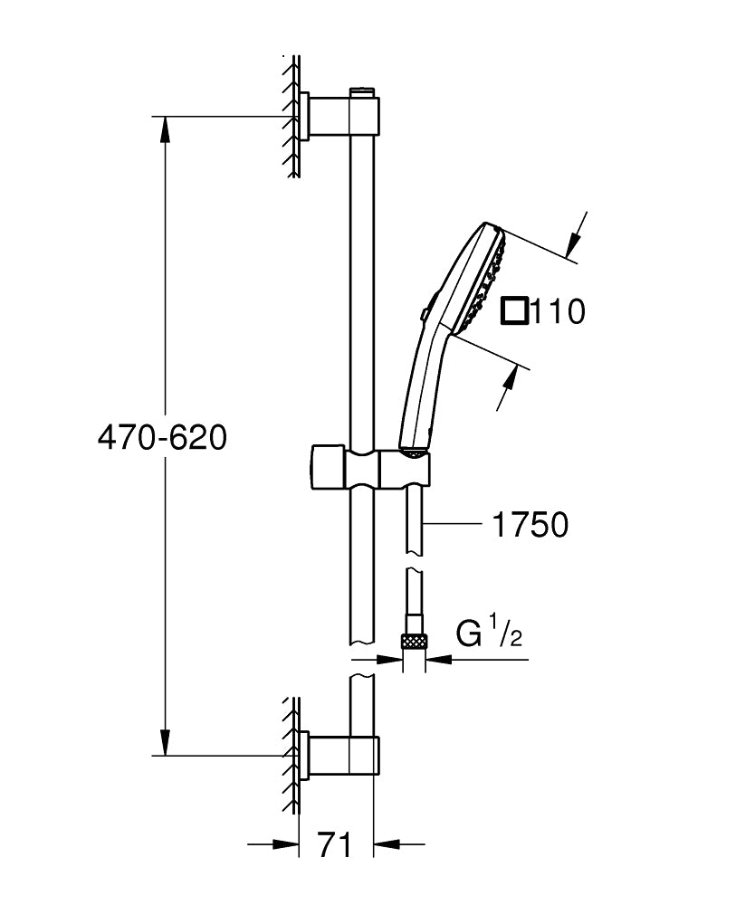 GROHE Duschsystem Vitalio Comfort 110 – 175 cm Schlauch, Metall, 3 Strahlarten, Chrom