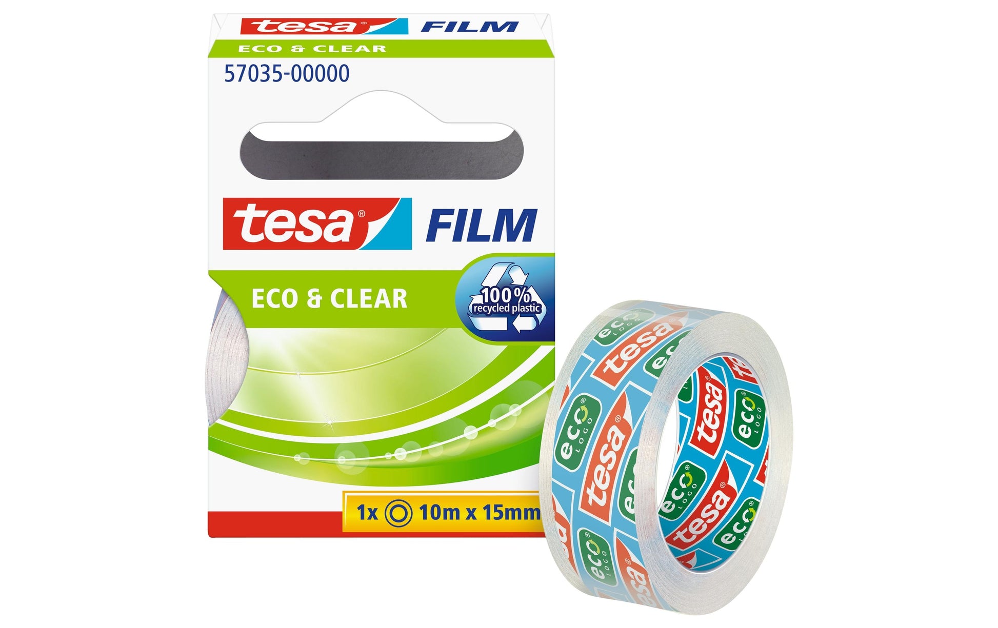 TESA Klebeband eco & clear – permanent, klar, Kunststoff, 15 mm × 10 m, Kern Ø 26 mm, 1 Rolle
