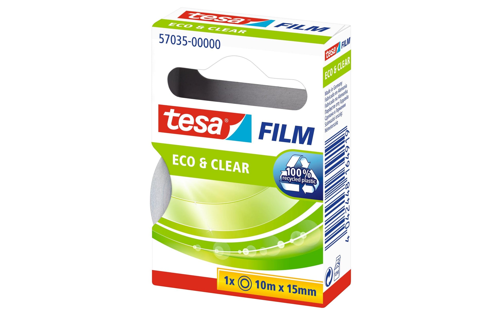TESA Klebeband eco & clear – permanent, klar, Kunststoff, 15 mm × 10 m, Kern Ø 26 mm, 1 Rolle