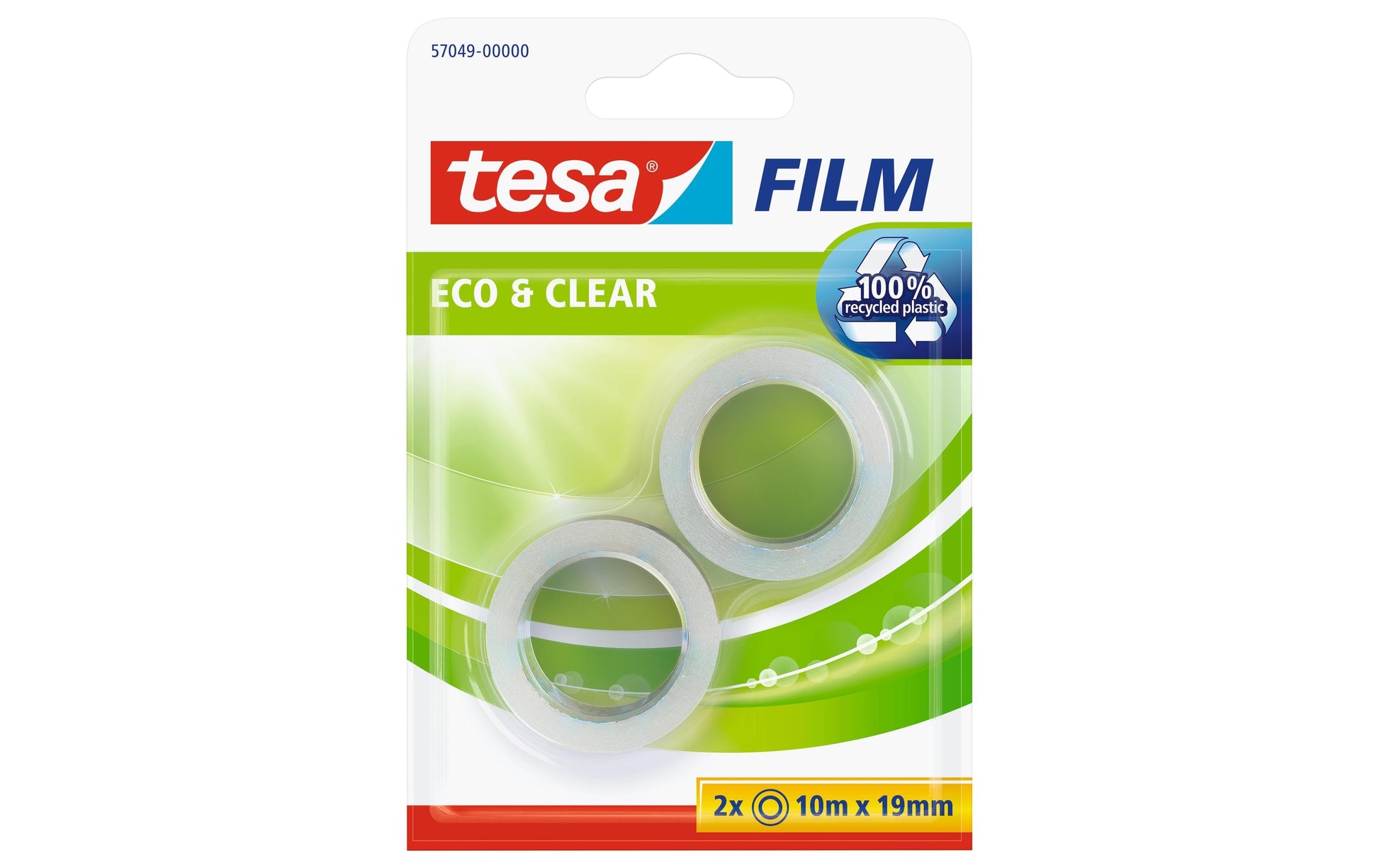 TESA Büro-Klebeband eco & clear – permanent, klar, Kunststoff, 19 mm × 10 m, Kern Ø 26 mm, 2 Rollen
