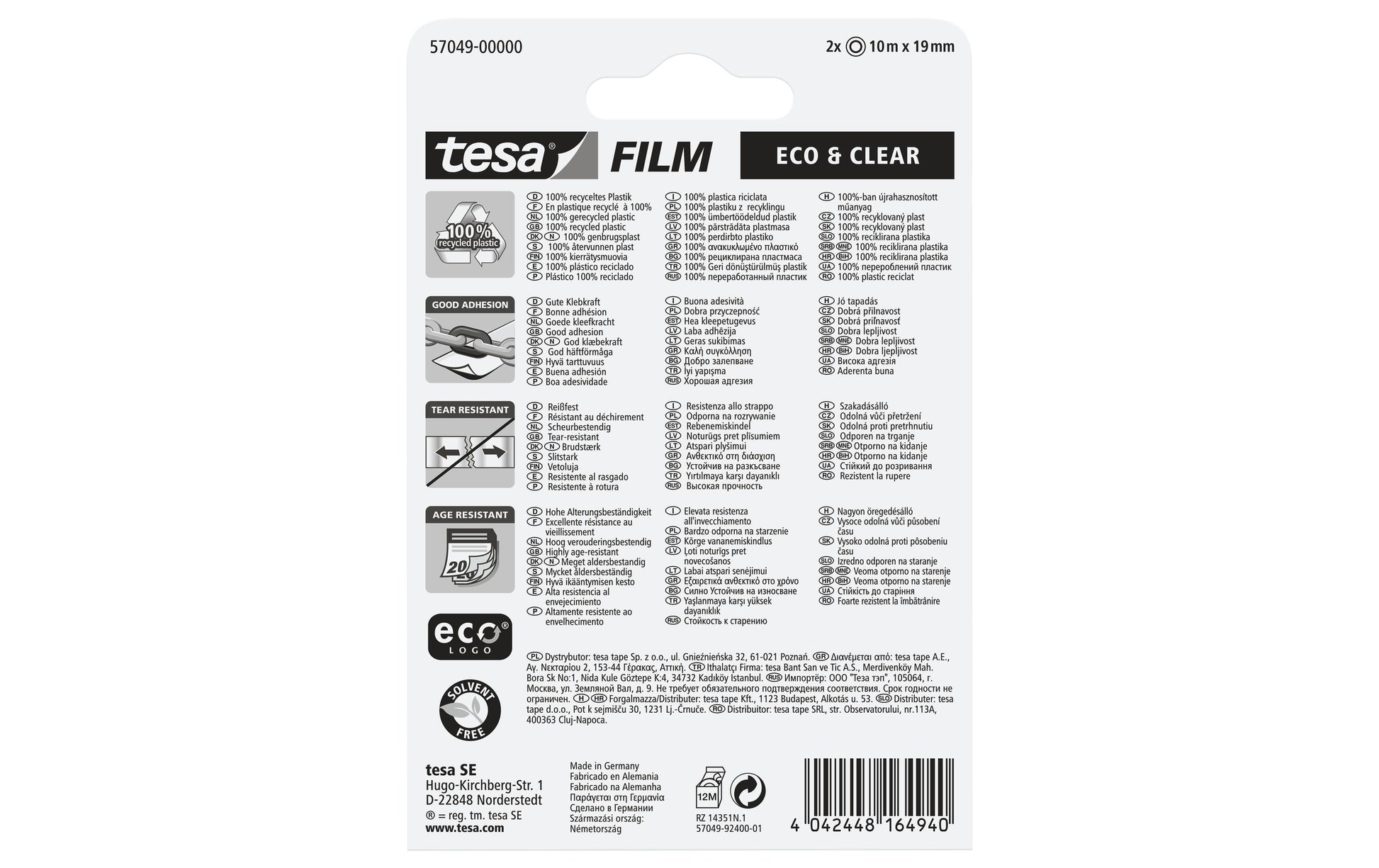 TESA Büro-Klebeband eco & clear – permanent, klar, Kunststoff, 19 mm × 10 m, Kern Ø 26 mm, 2 Rollen