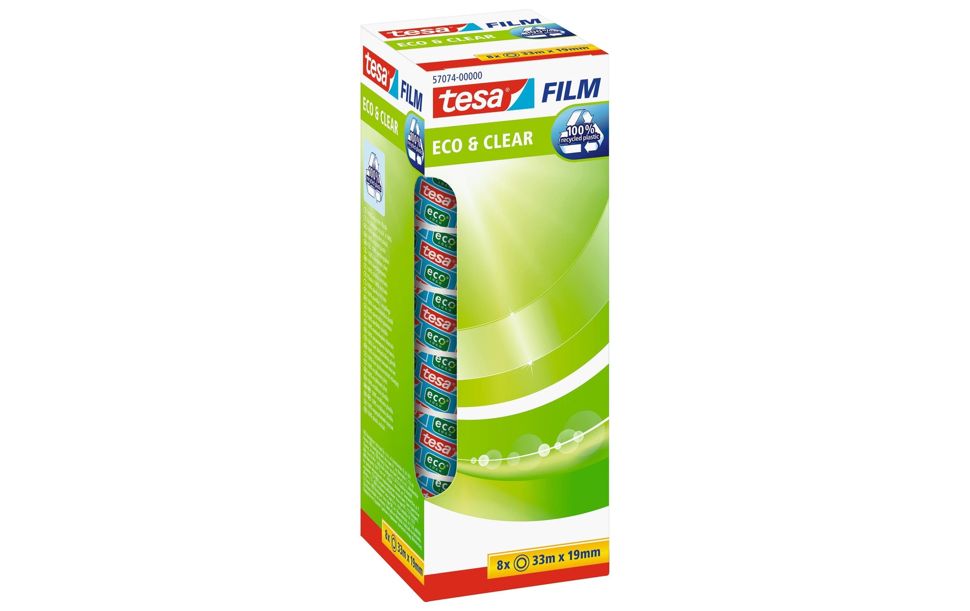 TESA Klebeband eco & clear – permanent, Kunststoff, 19 mm × 33 m, Kern Ø 26 mm, 8 Rollen