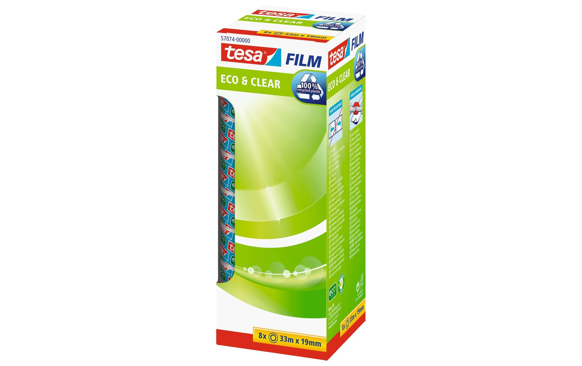 TESA Klebeband eco & clear – permanent, Kunststoff, 19 mm × 33 m, Kern Ø 26 mm, 8 Rollen