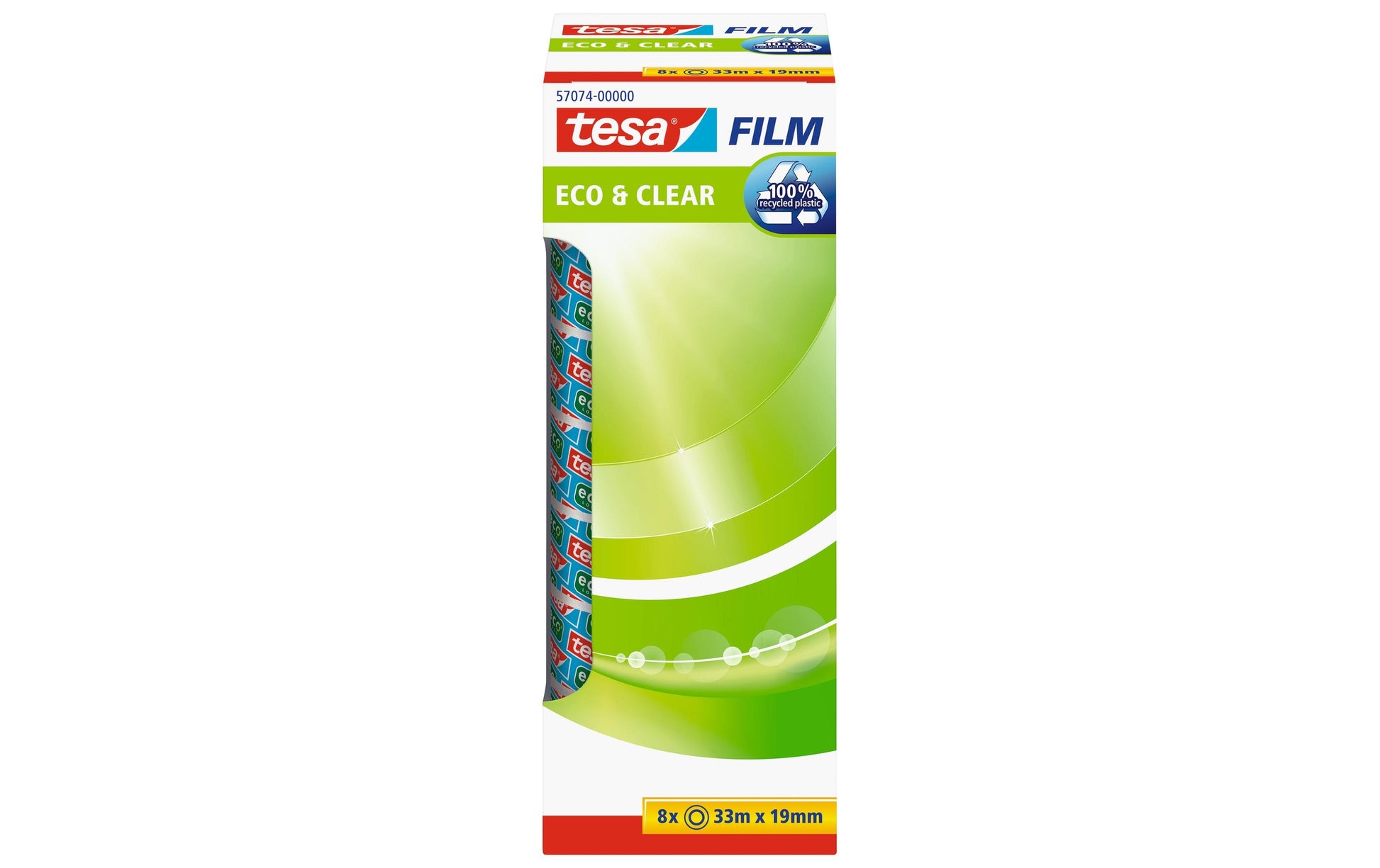 TESA Klebeband eco & clear – permanent, Kunststoff, 19 mm × 33 m, Kern Ø 26 mm, 8 Rollen