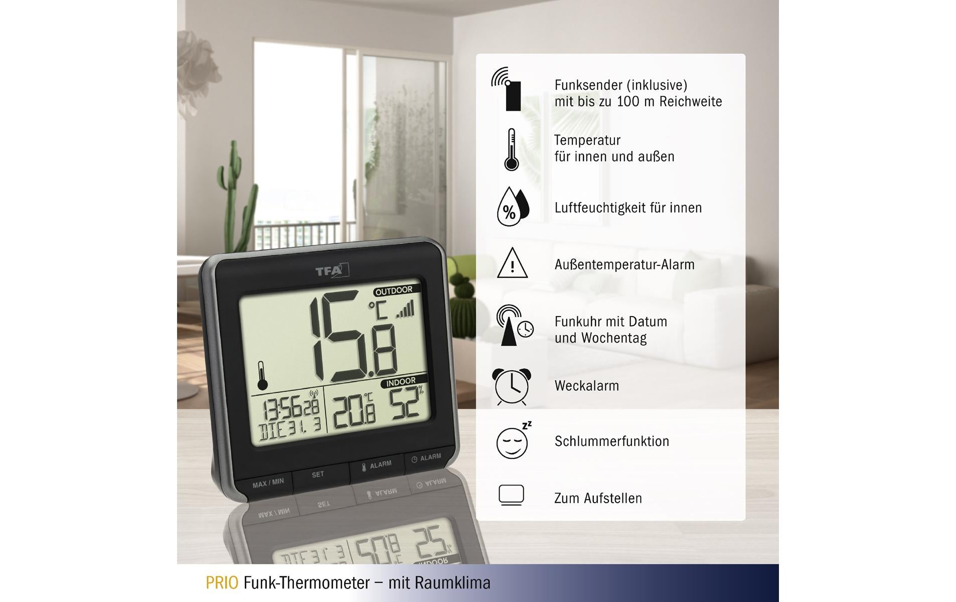 TFA-Dostmann TFA Dostmann PRIO Temperatur-/Feuchtesensor – Kabellos, −40–60 °C, 10–99 %