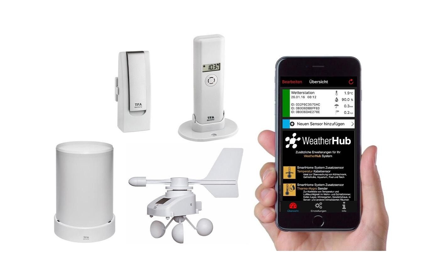 TFA-Dostmann WeatherHub SET5 – Smart-Hub/Bridge – WLAN, 868 MHz, Feuchte, Regen, Temperatur, Wind – Weiss
