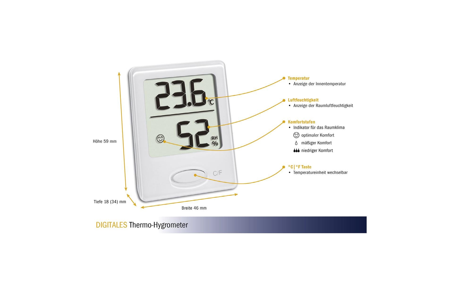 TFA-Dostmann Thermo-Hygrometer (Handgerät) – −50–70 °C, 10–99 %, Innen