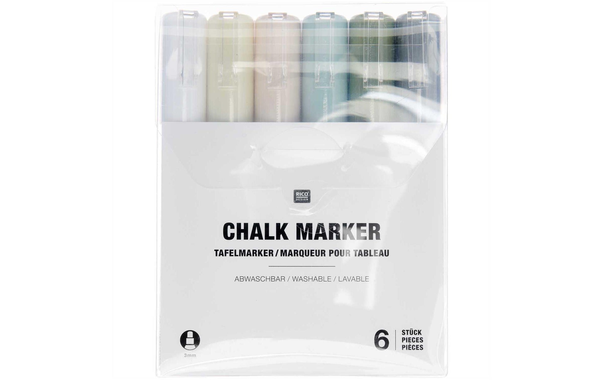 Rico Design 500030 Kreidemarker – 3 mm – 6er-Set, Beige/Blau/Grün, für Glas/Tafel