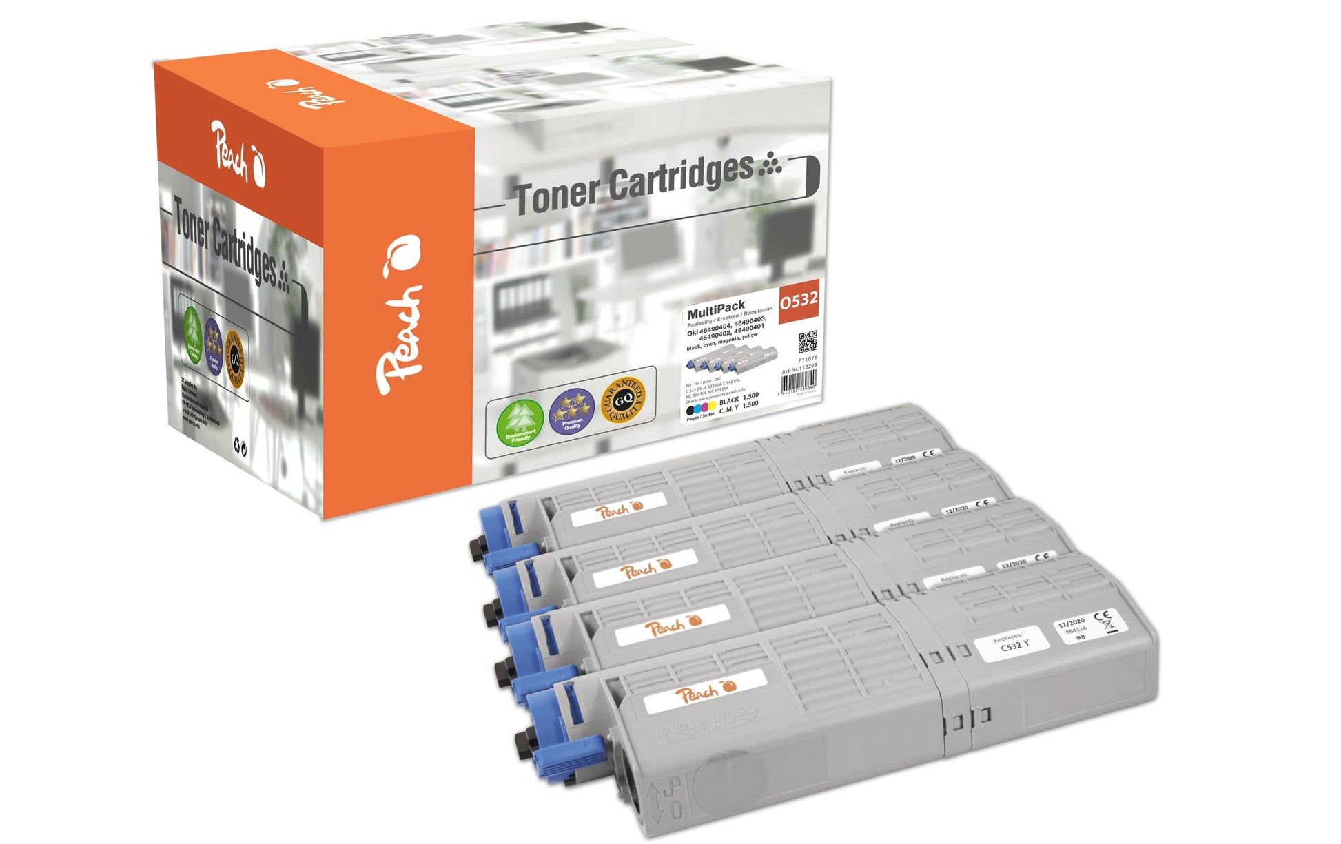 Peach Toner-Multipack 46490401-4 – BK/C/M/Y, 1500 Seiten – für OKI C532DN/C542DN/MC563DN und andere