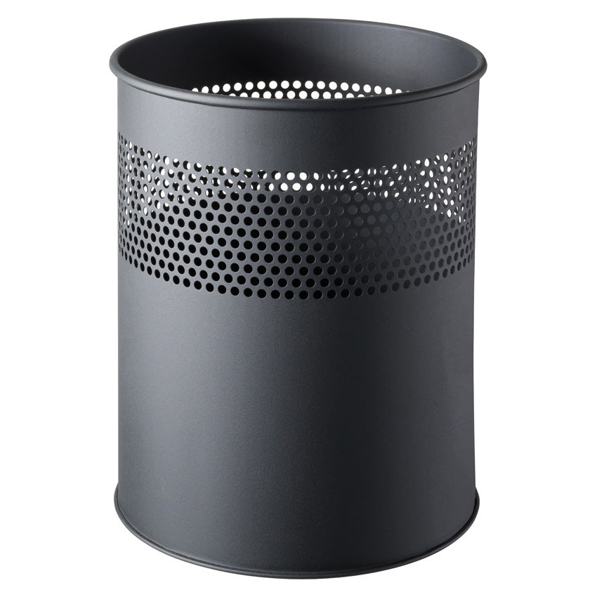 Helit Papierkorb the dot – 15 l – Stahl, schwarz – Ø 255 × H 321 mm, Gummibodenring, korrosionsbeständig