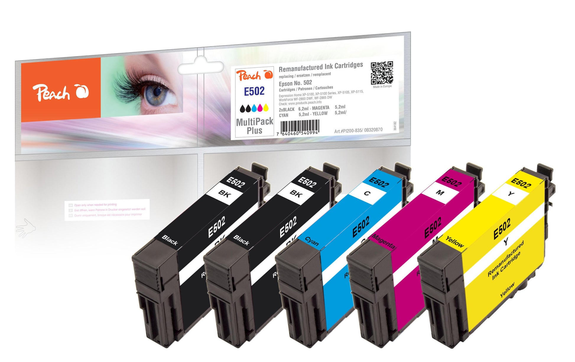 Peach 502 Tintenpatronen-Multipack, Schwarz/Cyan/Magenta/Gelb (Kompatibel) – für Epson XP-5100/XP-5105