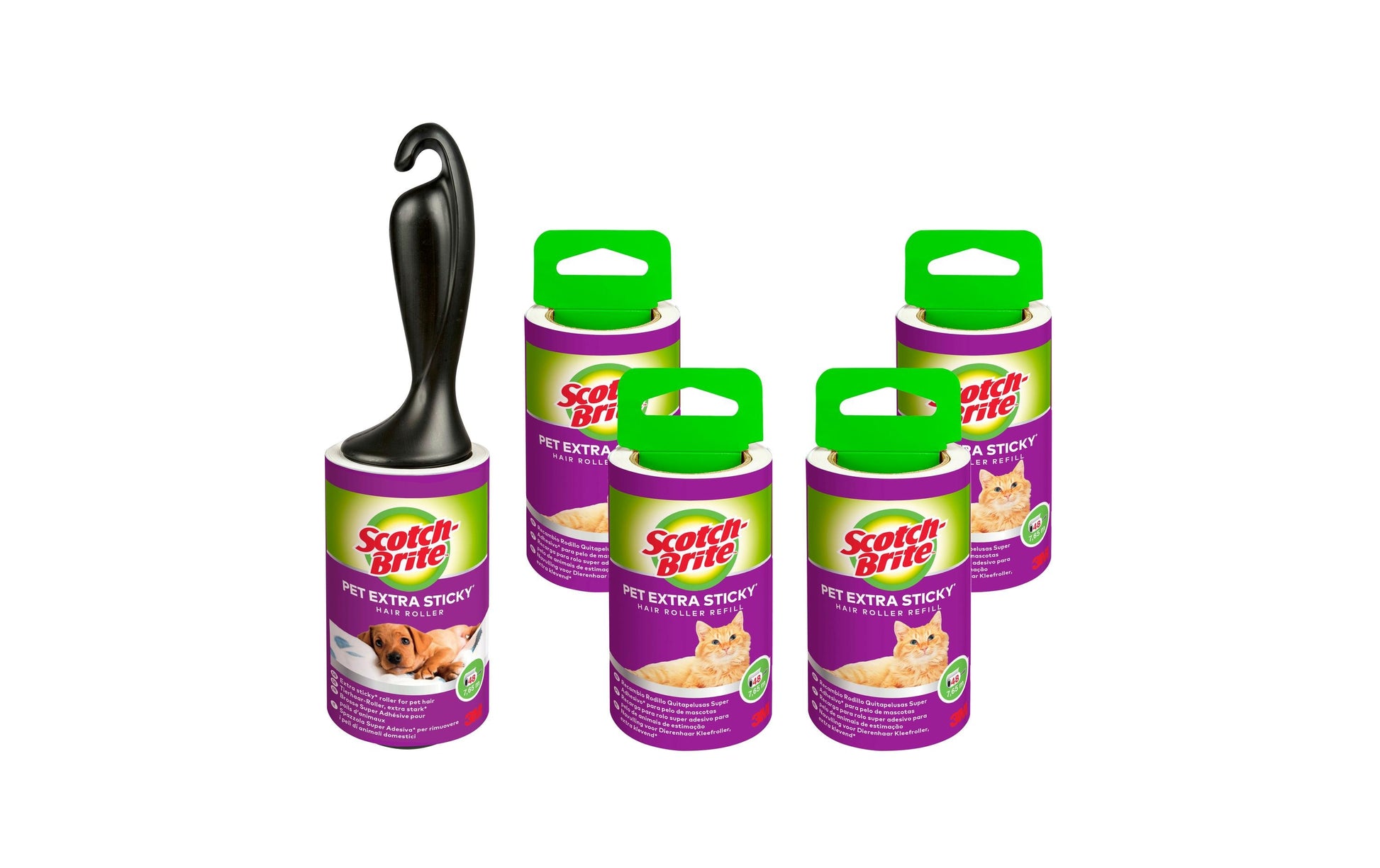 3M Scotch-Brite Fusselroller Pet Extra Sticky – 1 Roller, 4 Ersatzrollen, Kunststoff, schwarz