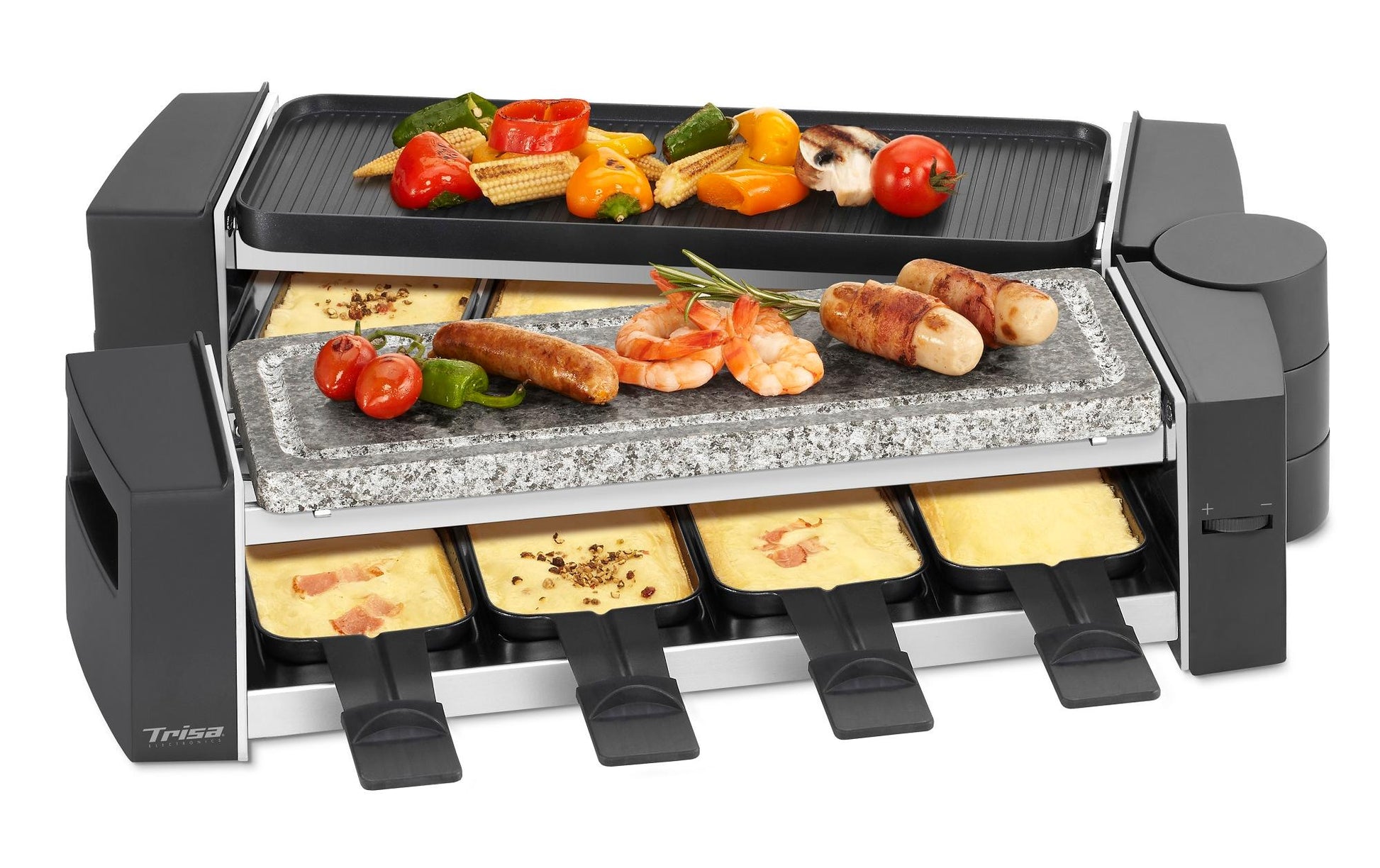 Trisa Raclette-Grill Vario Fun – 8 Personen, 1500 W, 8 Pfännchen, Antihaftbeschichtet – Schwarz/Grau