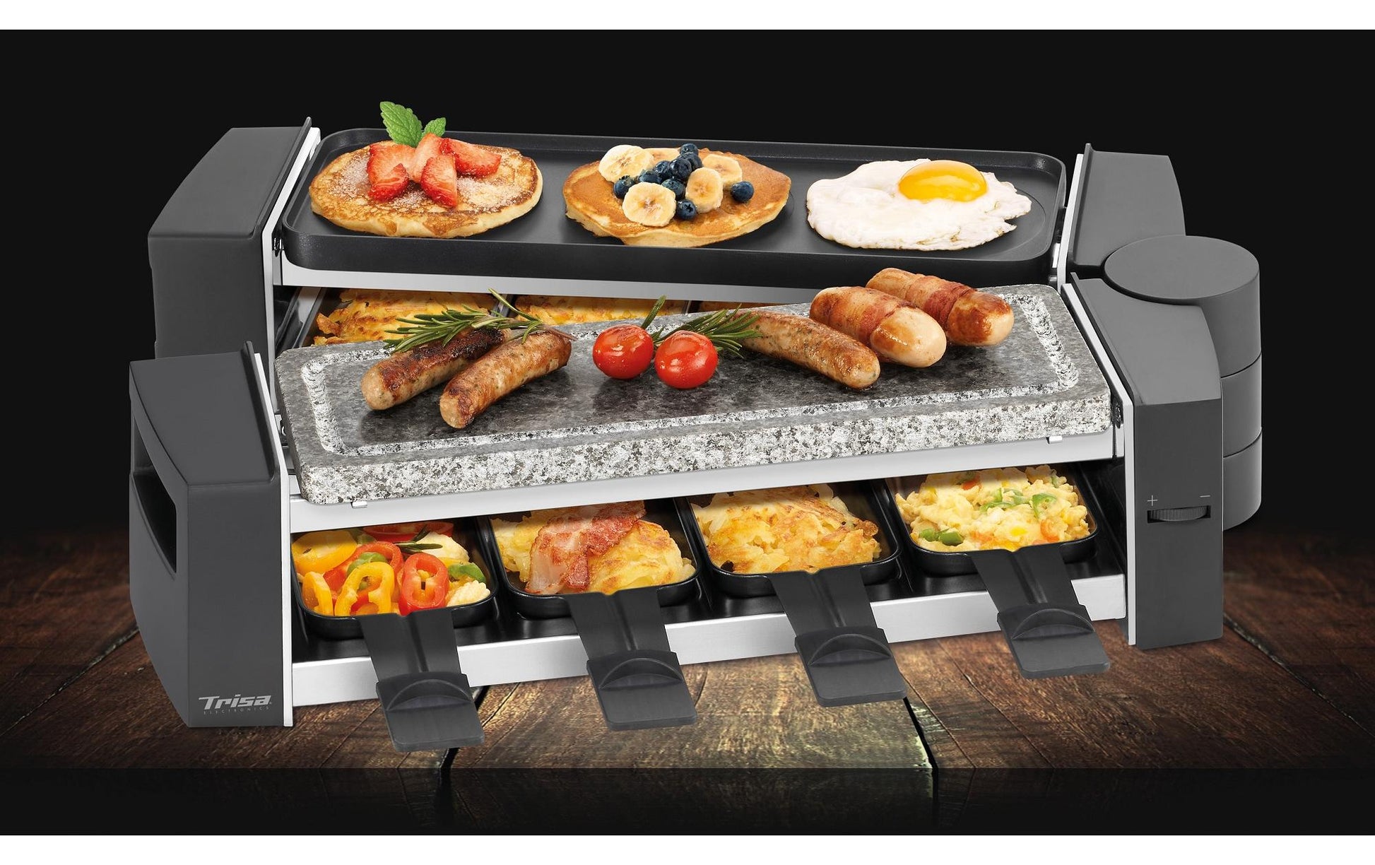 Trisa Raclette-Grill Vario Fun – 8 Personen, 1500 W, 8 Pfännchen, Antihaftbeschichtet – Schwarz/Grau