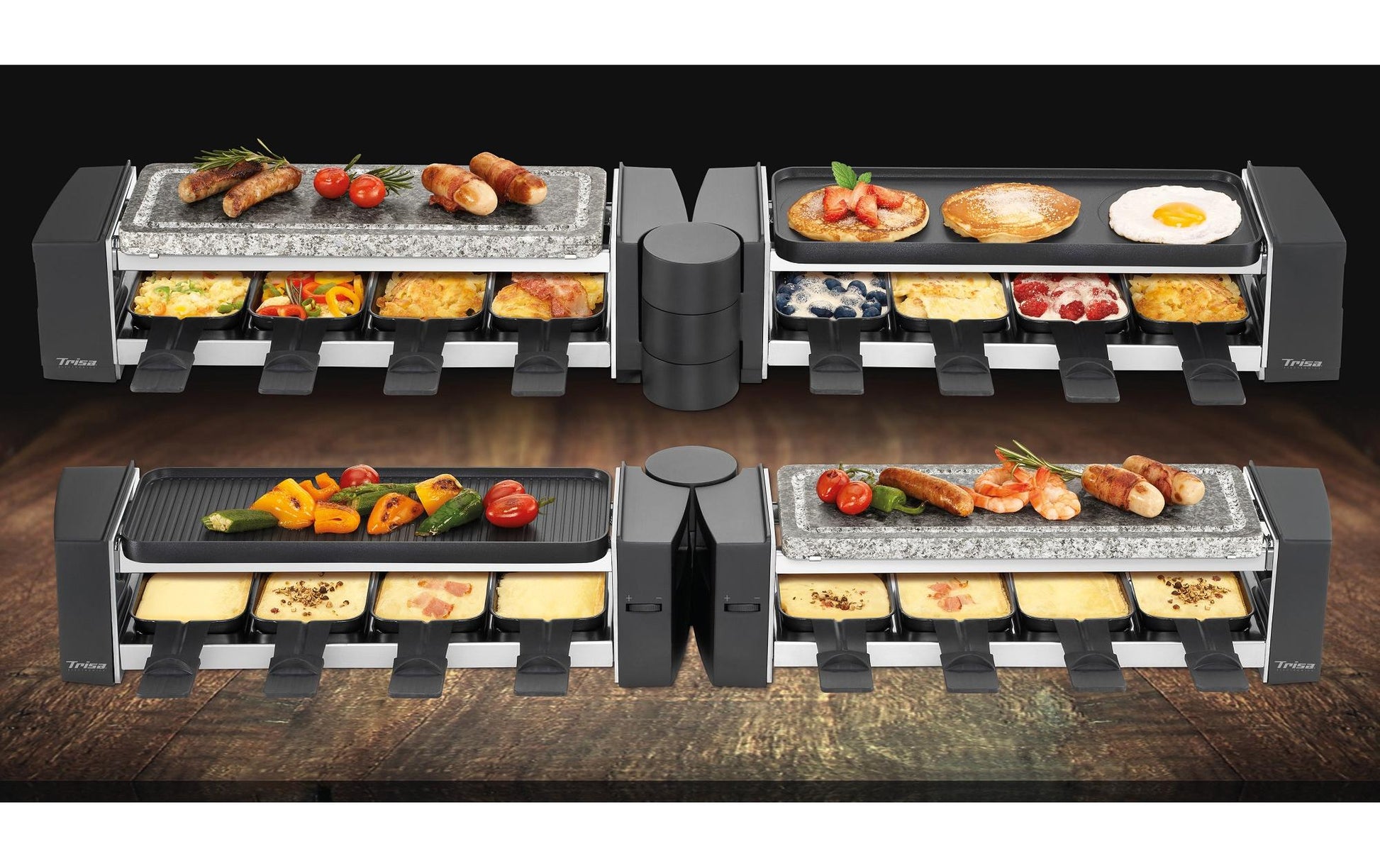 Trisa Raclette-Grill Vario Fun – 8 Personen, 1500 W, 8 Pfännchen, Antihaftbeschichtet – Schwarz/Grau