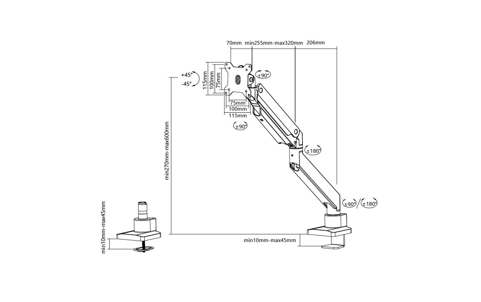 Neomounts D775 Blackplus – Monitorarm, Tischklemme, Tischdurchführung, bis 49", höhenverstellbar, Gasfeder