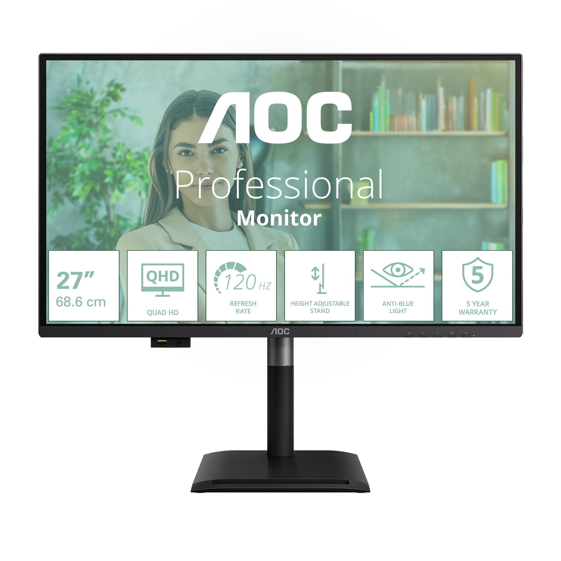 AOC Q27P4U – Monitor, 27", 2560 × 1440 (WQHD), IPS, 120 Hz, 350 cd/m², USB-Hub, Adaptive Sync, Schwarz